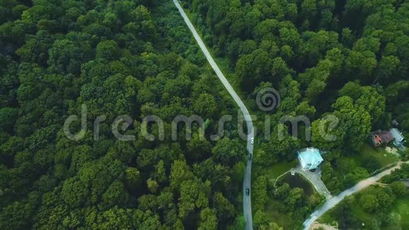 令人叹为观止的鸟瞰热带绿色茂盛的雨林林地地形中间有道路视频的预览图