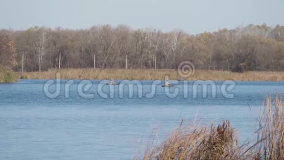 阳光明媚的一天在湖边的一艘小船上的渔夫视频的预览图
