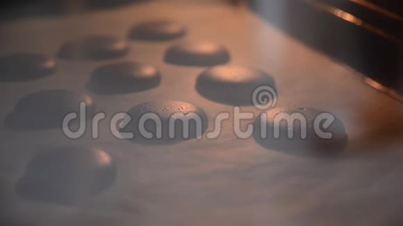 在烤箱里烤法国马卡龙法式甜点煮马卡龙的过程羊皮纸上的彩色蓝莓杏仁饼女性视频的预览图