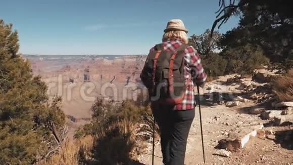 在大峡谷公园的小径上背着背包徒步旅行的后景妇女视频的预览图
