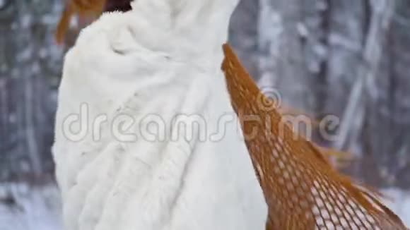 穿着冬衣的女人在雪林中温暖的冬天里欢乐视频的预览图