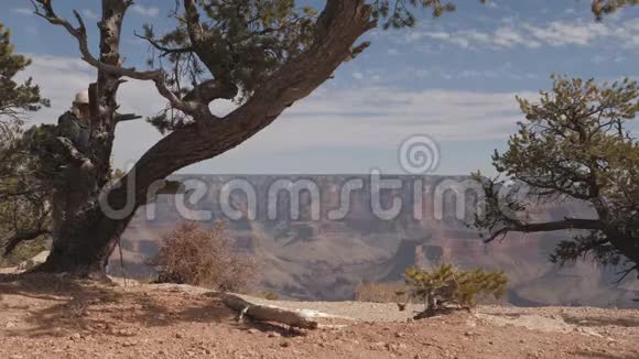 在大峡谷公园的群山中背包徒步旅行的老年妇女视频的预览图