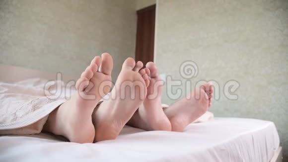 一对年轻夫妇的脚从卧室的被子下伸出来两只赤脚互相抚摸视频的预览图