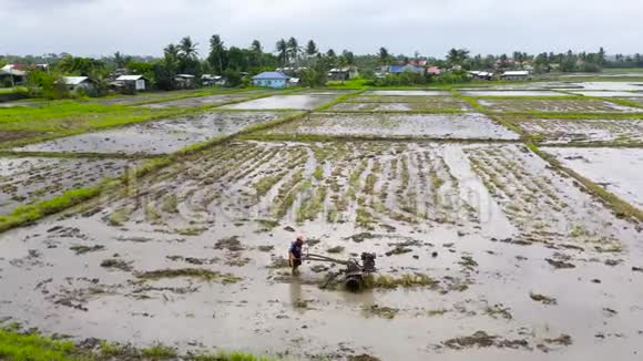 农民用手扶拖拉机在稻田里耕作准备地区种植水稻视频的预览图