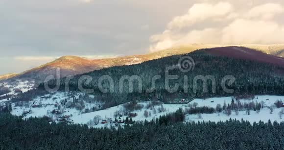 高山积雪覆盖森林的鸟瞰图视频的预览图