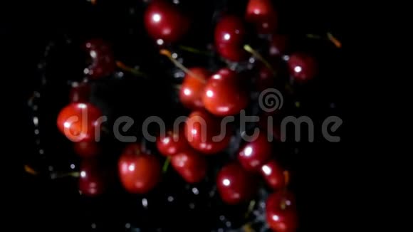 红色多汁的樱桃在黑色背景上溅起水花视频的预览图