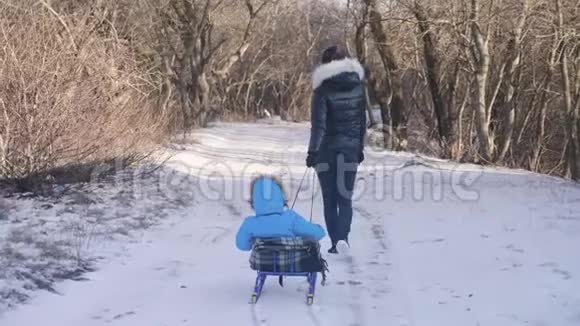妈妈带着一个孩子坐在雪覆盖的森林上的雪橇上开朗的寒假观念视频的预览图