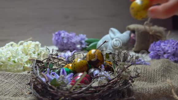 孩子们手把一个彩色的小复活节彩蛋放进巢里视频的预览图