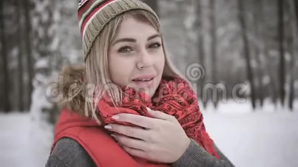 冬天公园户外一位迷人的年轻女子的肖像白雪皑皑的森林视频的预览图