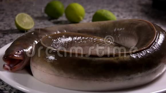 海盐正落在灰色石桌上的新鲜鳗鱼上视频的预览图