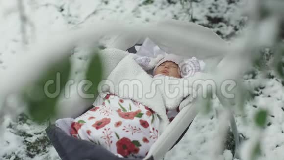 4k冬天躺在外面的新生儿视频的预览图