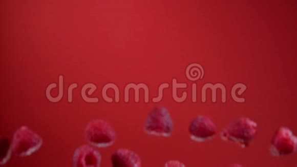 酸辣成熟的覆盆子在红色背景上飞上飞下视频的预览图