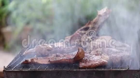 用白烟在炭炉上烤猪肉视频的预览图