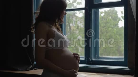 站在窗边抚摸肚皮的漂亮孕妇视频的预览图