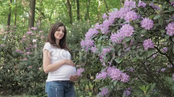微笑的孕妇站在盛开的灌木丛中闻到花香视频的预览图