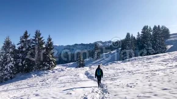 在阳光明媚的一天女子徒步穿越山区的冬季景观视频的预览图