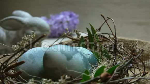 在花的背景下在巢中合上芙蓉染复活节彩蛋视频的预览图