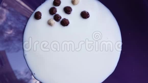 巧克力和清淡的早餐麦片被倒入一个蓝色的盘子里加牛奶为早餐快速烹饪健康的现成谷类食品视频的预览图