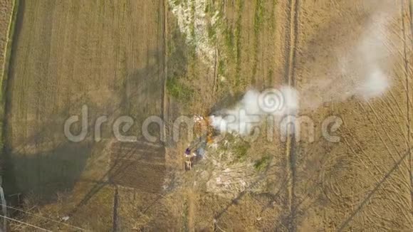 无人机看到人们在田野上留下燃烧的火焰农民们在春天燃烧干燥的落叶和树枝抗反视频的预览图