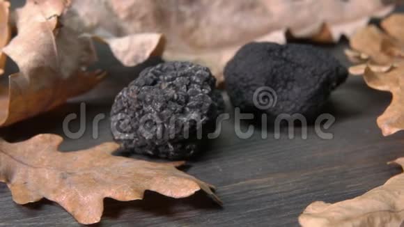 手在黑色木制表面上放一个稀有的黑松露蘑菇视频的预览图