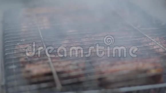 烧烤网格上的中井肉在户外烧烤烤架上烤制美味的排骨美食美食野餐美食视频的预览图