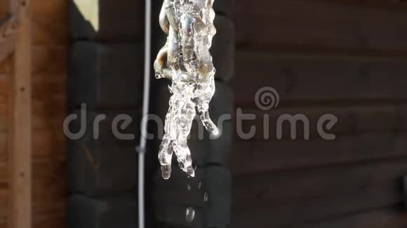 在温暖的阳光明媚的日子里美丽的滴在链子上的冰柱视频的预览图