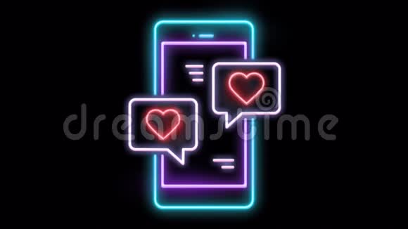 动画霓虹灯电话形状与红色霓虹灯心脏形状视频的预览图