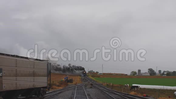 蒸汽机车拉着货物驶入车场牛群也在一旁看着烟雾和蒸汽视频的预览图