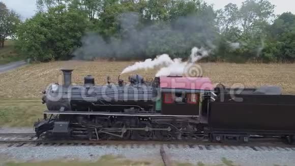 一列蒸汽机车货运列车缓慢地从烟雾中脱离出来视频的预览图