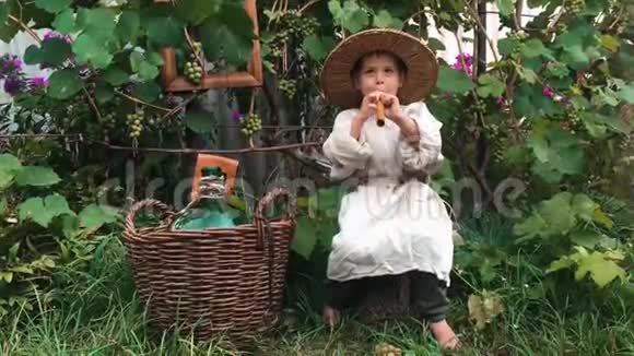 快乐有趣的小男孩戴着草帽坐在花园里玩着乐器笑着可爱可爱的孩子微笑视频的预览图