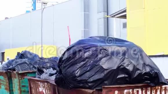 全垃圾容器大黑袋的垃圾在风特写靠近一个工业建筑环境视频的预览图