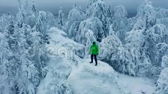 鸟瞰人站在山顶周围是白雪覆盖的森林视频的预览图
