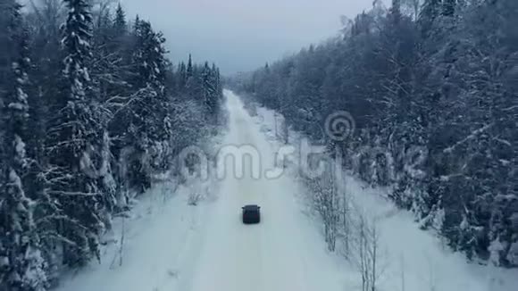 空中飞车冬天独自驾车穿越冰雪冰冻的森林视频的预览图