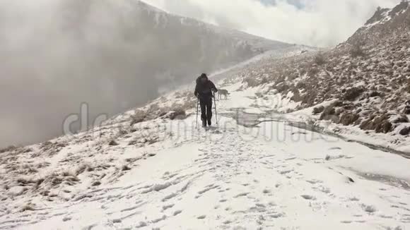 徒步旅行者背着背包走在山岭上覆盖着深深的雪视频的预览图