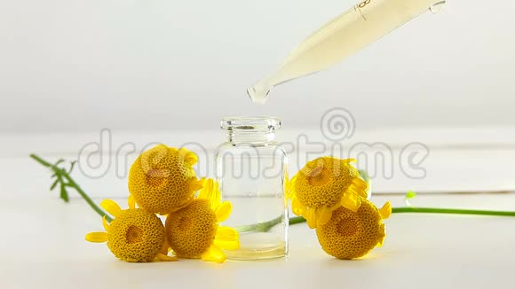 黄色卡莫米尔花在白色背景下美丽的玻璃瓶视频的预览图