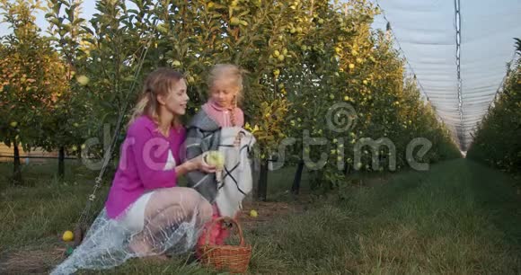 母亲和女儿同流合污微笑着背景上有苹果树4k视频的预览图