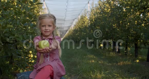 小女孩正坐在苹果园里微笑着拿着一个苹果4k视频的预览图