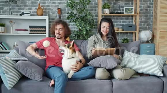 丈夫在家玩corgi狗妻子在家看书放松视频的预览图