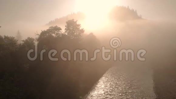 夏日宁静的日出在一条被雾覆盖的河流上视频的预览图