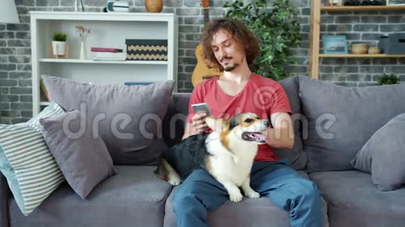 帅哥用智能手机在家里的沙发上抚摸科吉狗视频的预览图