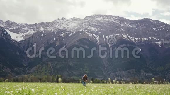穿着便服的女孩站在野花中间在山上收集蒲公英总计划视频的预览图