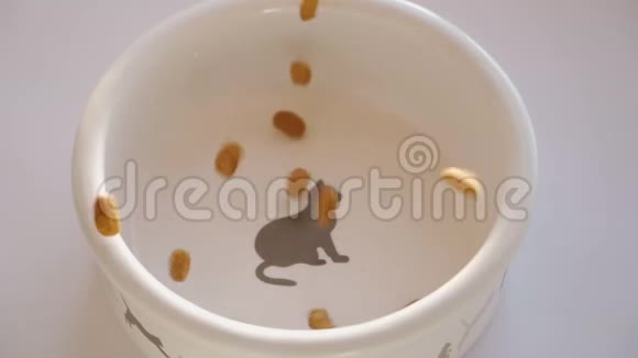 在猫碗里倒入白色背景的干粮特写镜头慢动作视频的预览图