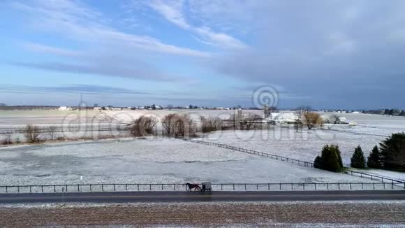 美丽乡村的空中景色以及一匹马和一匹马在经过一场轻雪后沿着这条路行进视频的预览图