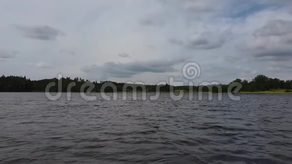 慢动作华丽的自然景观观湖岸的高树雷天以灰云背景视频的预览图