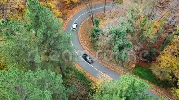 在森林中通过弯曲道路的汽车的鸟瞰图秋天的高山视频的预览图