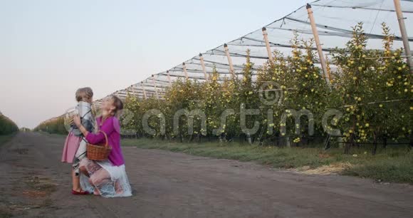 可爱的时刻母女爱斯基摩人在苹果园亲吻4k视频的预览图