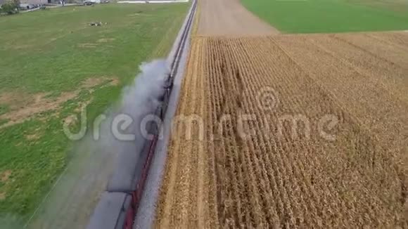 一列古色古香的蒸汽火车穿越农田经过需要收割的玉米地视频的预览图