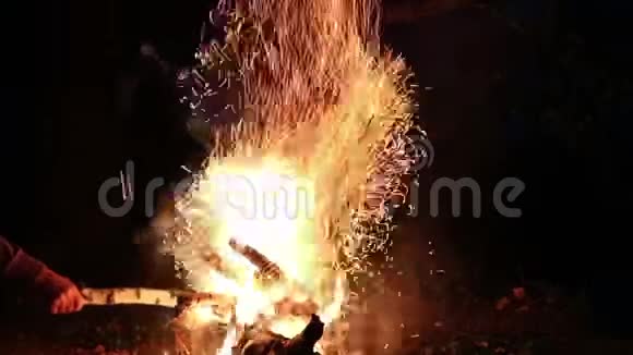晚上森林里河边篝火一个人用棍子砸火视频的预览图