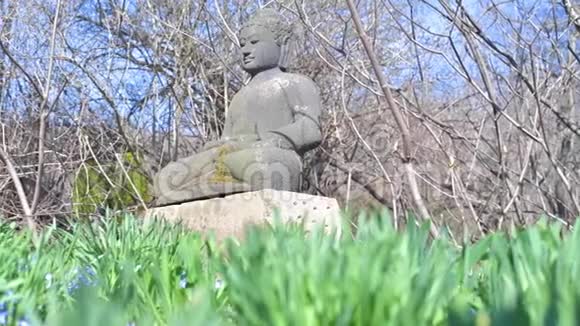花园中缓慢移动的石佛雕塑视频的预览图