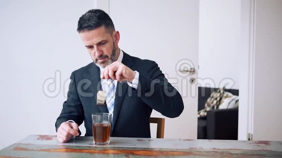商人坐在桌边喝茶的电影视频的预览图